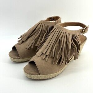 Comfortview Diane Fringe Espadrille Wedge Sandal Size 8 Taupe New Boho